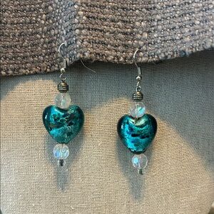Vintage Heart Murano Glass and Crystal Drop Earrings
